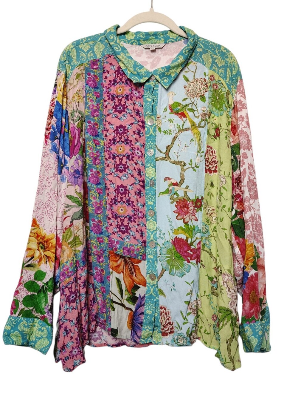 John Mark Button Up Top Womens 3X Patchwork Mixed Floral Roll Tab Boho Artsy